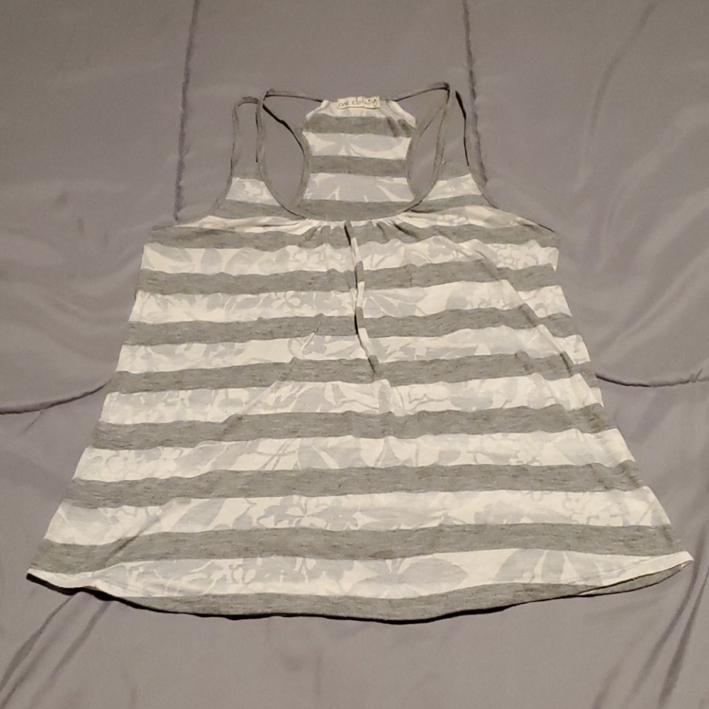 Semi-Sheer Grey & White Striped Racerback Tank